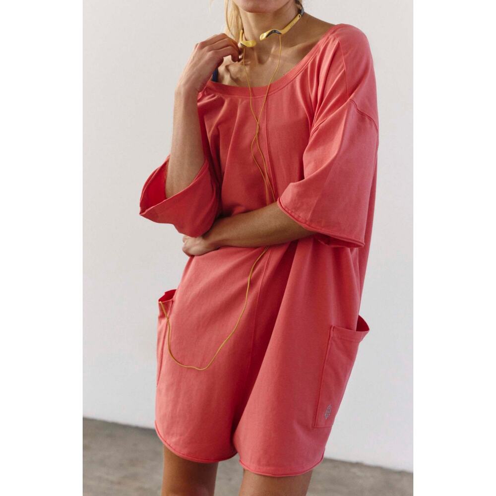 NEW Free People Movement Neon Coral Oversized Shapeless Hot Shot Tee Romper XS - Picture 2 of 14